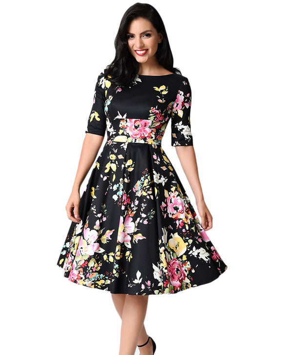 Floral Swing Dress Round Neck