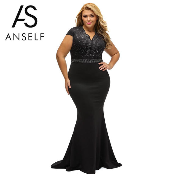 Plus Size Dress Rhinestone Scalloped V Neck